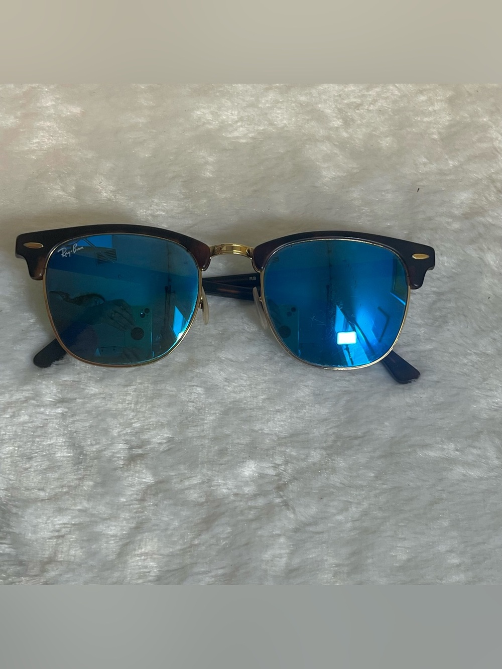 Ray-Ban RB3016 Clubmaster 1145/17 Blue Mirror Sunglasses 51-21 Tortoise Gold